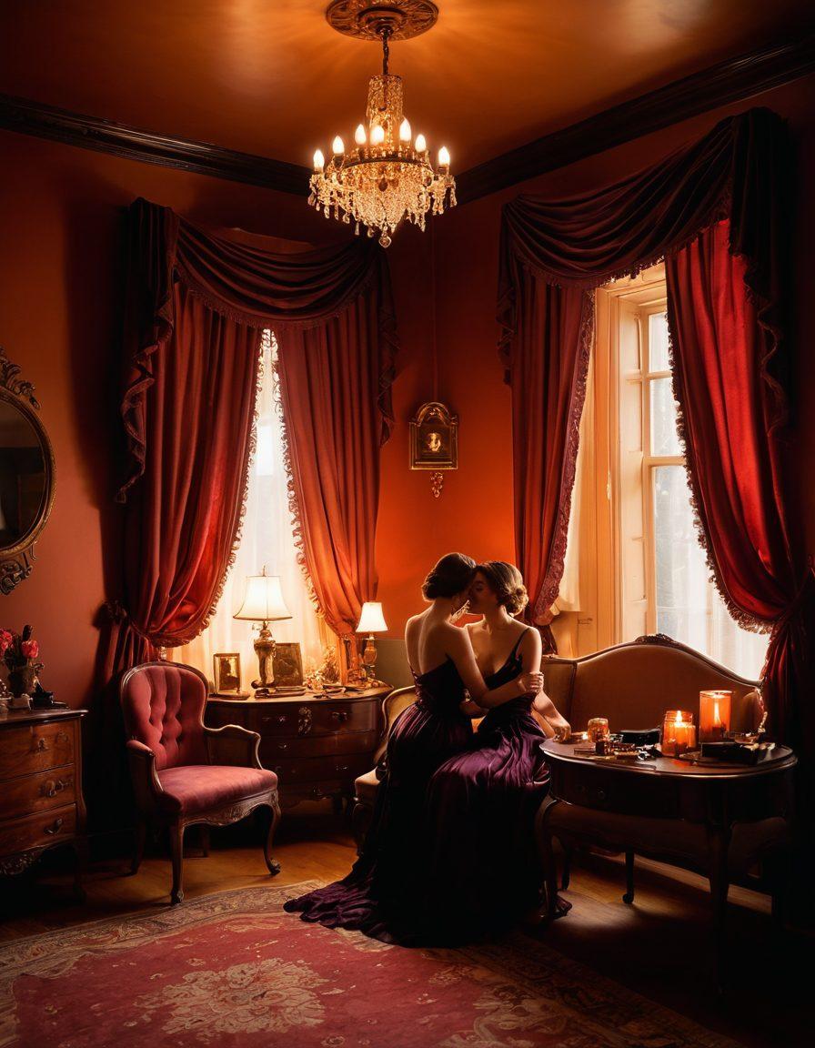 A vintage-inspired scene depicting a cozy, dimly-lit boudoir filled with antique furniture, silk drapes, and soft candles casting warm light. Evocative silhouettes of a couple in an intimate embrace, surrounded by playful elements like vintage lingerie and a record player spinning an old love song. The color palette should feature rich reds and deep purples to evoke sensuality. soft focus. retro aesthetic. warm lighting.