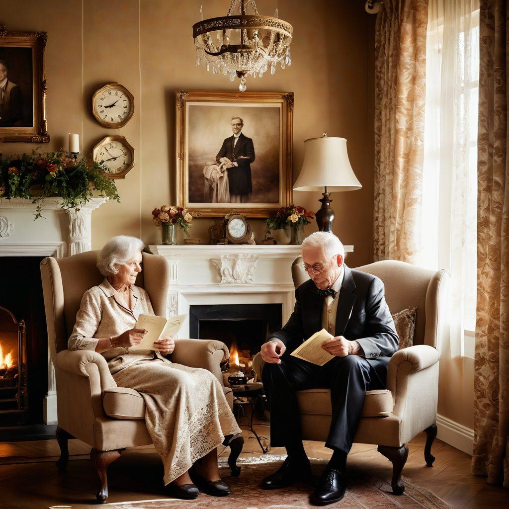 An elegant, vintage-themed setting featuring an elderly couple engaging in a tender moment, surrounded by sepia-toned photographs of their younger selves displayed on a cozy mantelpiece. Soft sunlight filters through lace curtains, creating a warm, nostalgic atmosphere. Include details like a classic armchair, scattered love letters, and antique clocks ticking in the background to evoke a sense of timeless romance. painting. warm colors. vintage style.