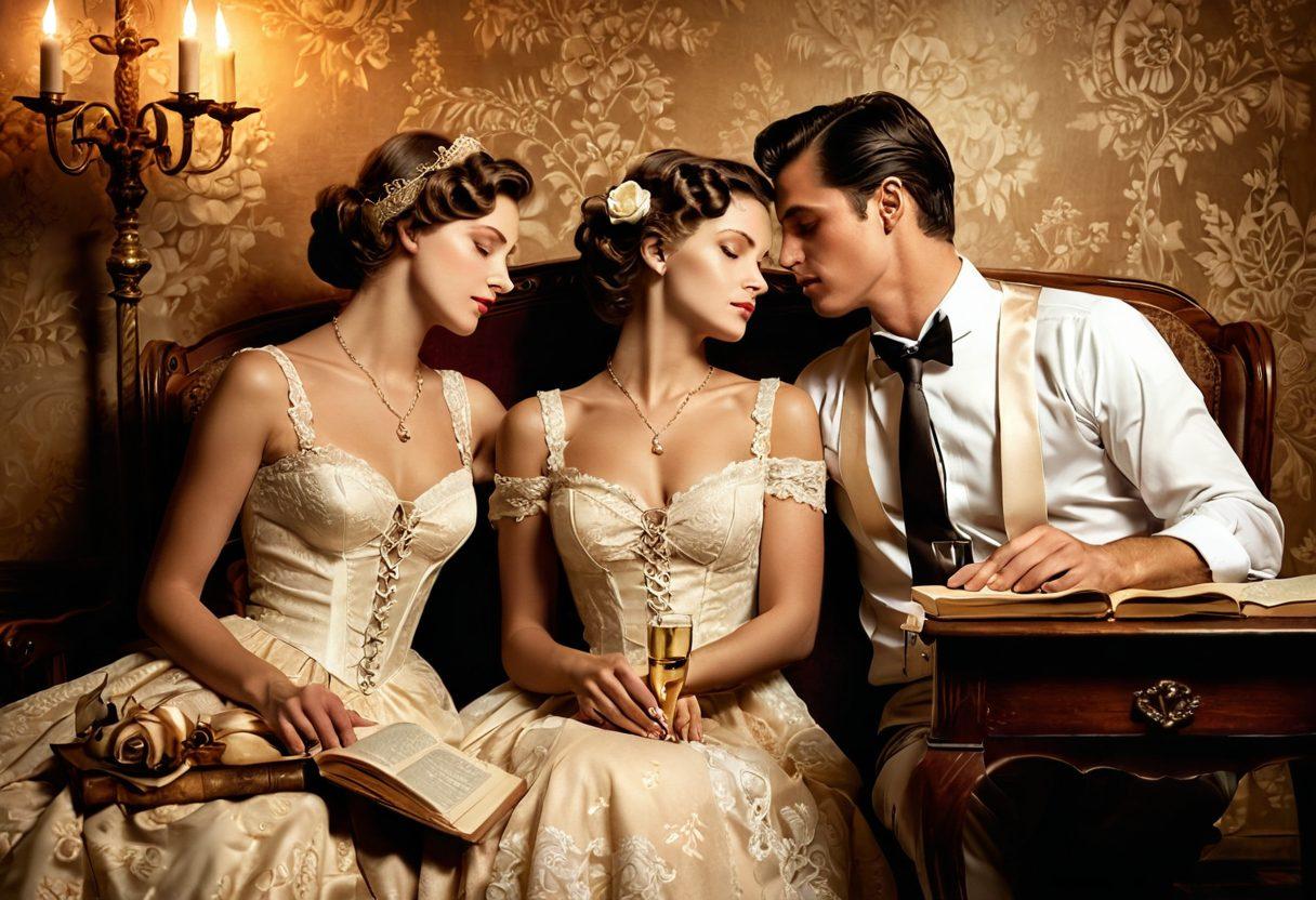 An enchanting vintage-style collage depicting classic eroticism, featuring soft sepia tones and intricate lace textures. Include elegantly dressed couples in intimate poses, surrounded by classic literature, vintage decor, and sensual shadows. Highlight elements of mature love such as roses, champagne glasses, and soft candlelight to evoke a sense of nostalgia and passion. The overall atmosphere should feel romantic and alluring, inviting the viewer into an intimate journey. retro aesthetic. soft lighting. intricate details.